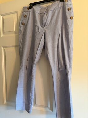 LOFT Light Blue Pinstriped Cropped Sailor Pants with Gold Buttons